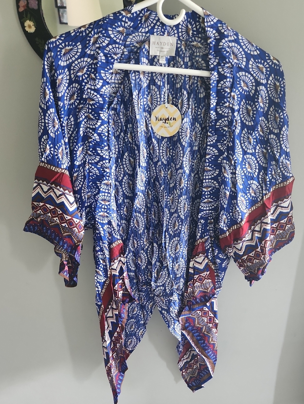 Hayden Blue & White Geometric Print Kimono with Burgundy Trim